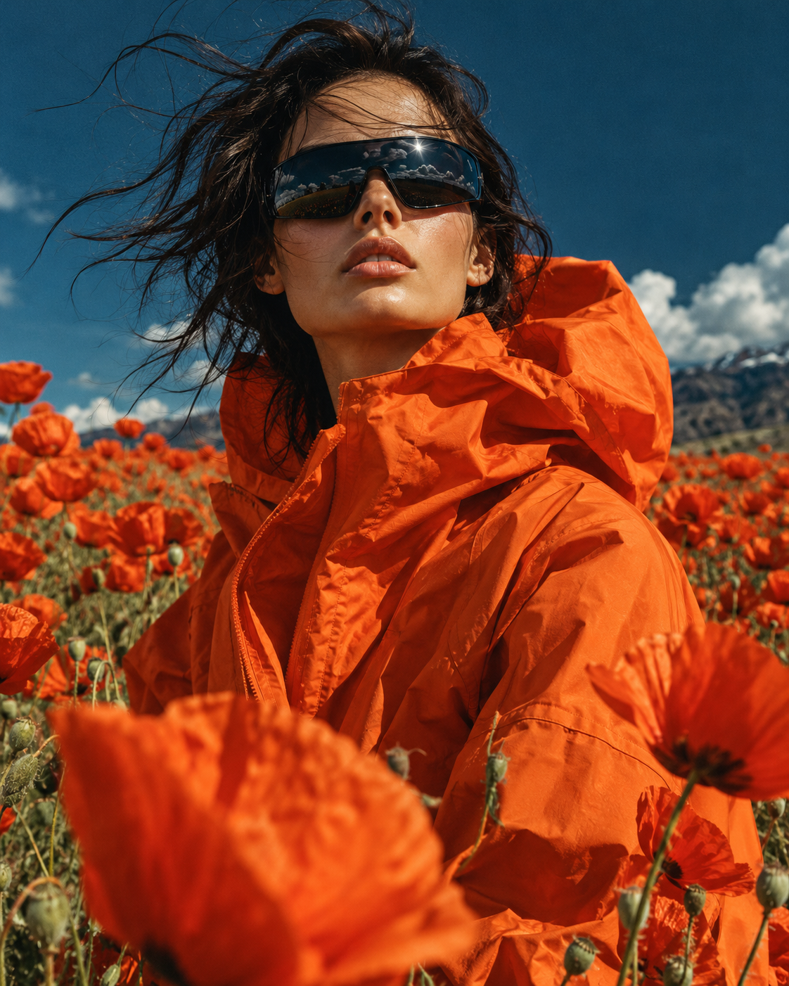 Original fashion concept in vivid orange among poppies