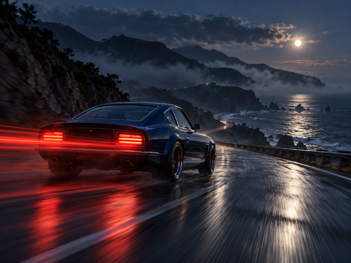 Cinematic concept of a sports car on a moonlit coastal road